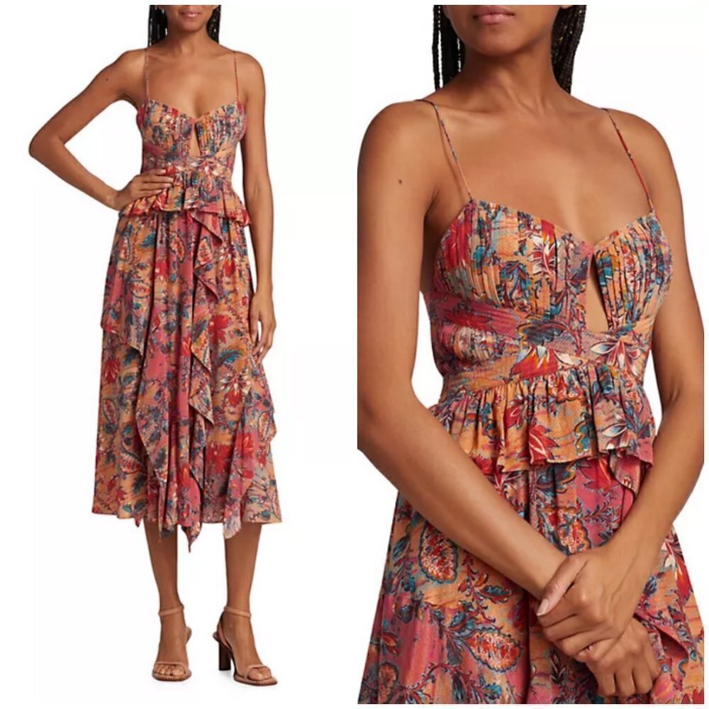 💕ULLA JOHNSON💕 Renata Floral Ruffle Silk Dress ~ Coral Bloom Print 4 NWT